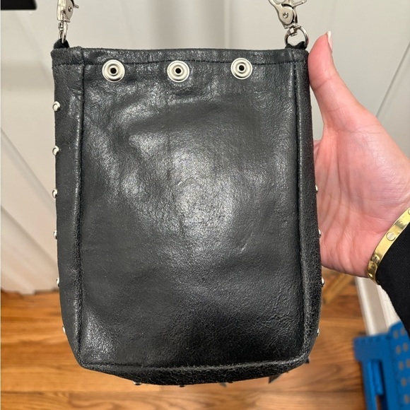 Vintage American Bison Western Sling Leather Bag Black Fringe Snap Button - Picture 3 of 7